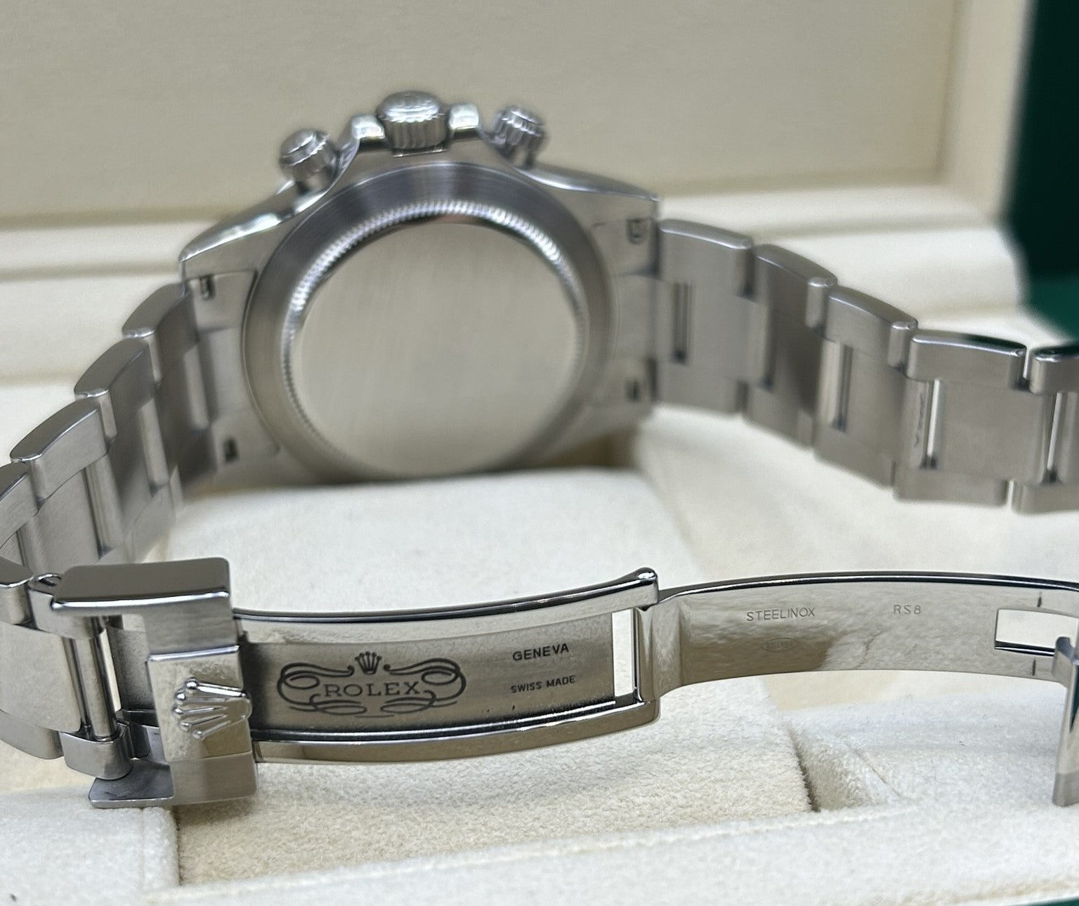 Close-up of Rolex Daytona white dial chronograph