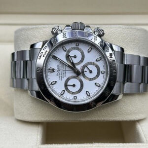 Side angle of Rolex Daytona steel watch