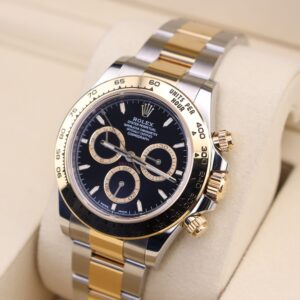 Close-up of black dial chronograph watch