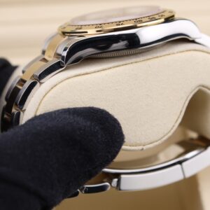 Side profile of two-tone mechanical wristwatch