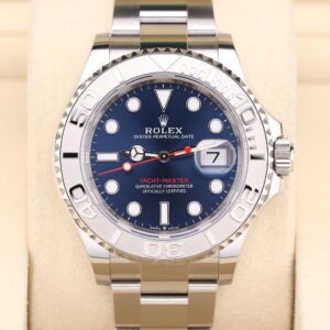 Full view of blue dial luxury wristwatch