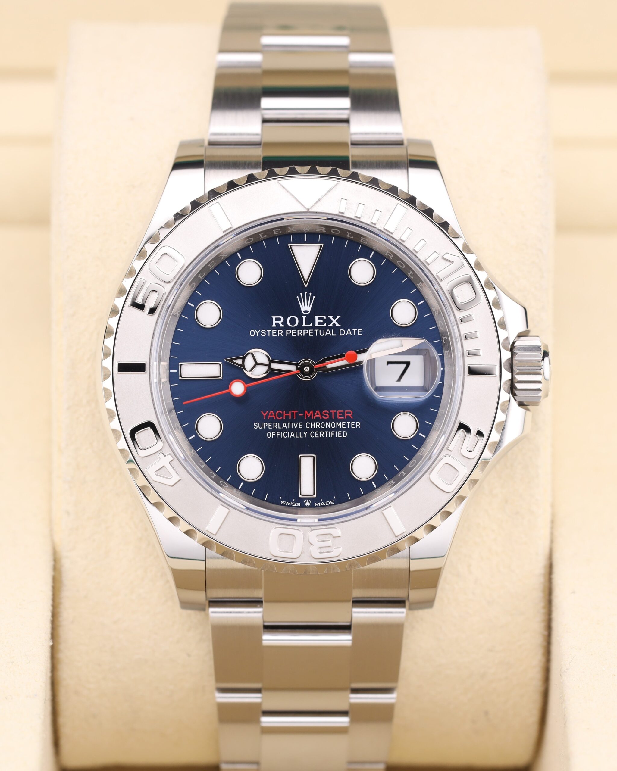 Full view of blue dial luxury wristwatch