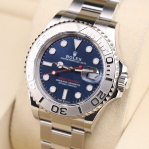 Side profile of blue dial luxury wristwatch