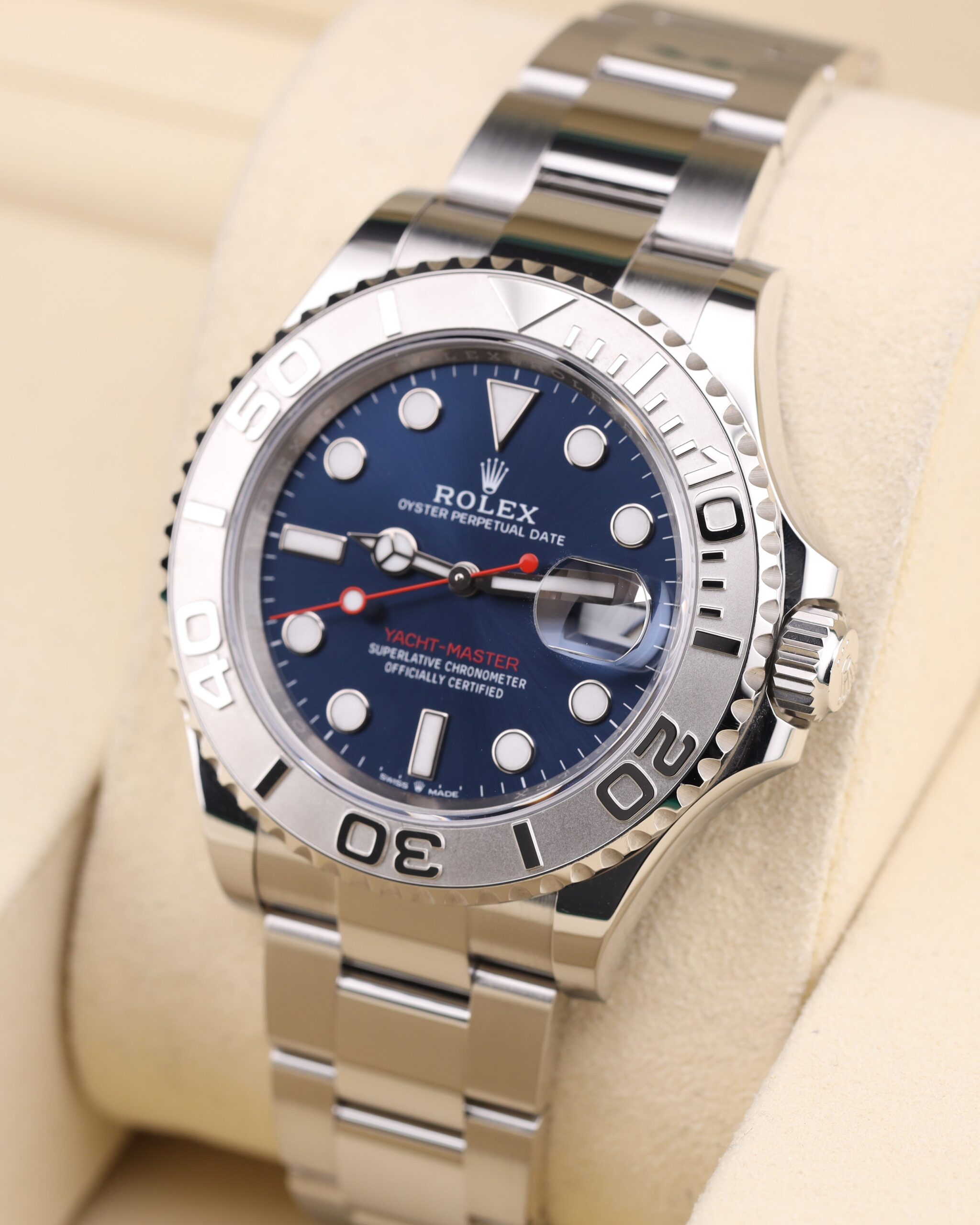 Side profile of blue dial luxury wristwatch