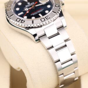Blue dial luxury wristwatch close-up