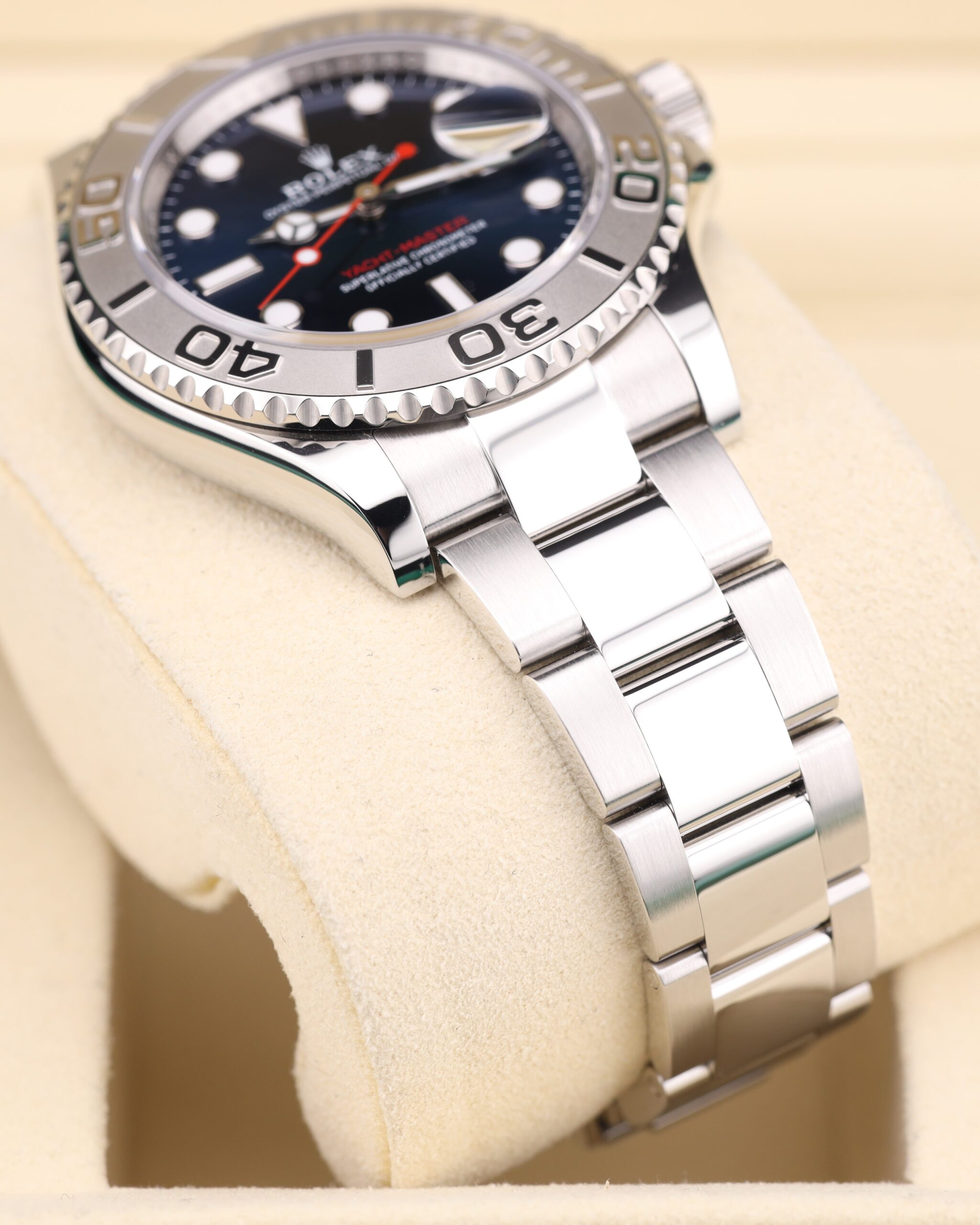 Blue dial luxury wristwatch close-up