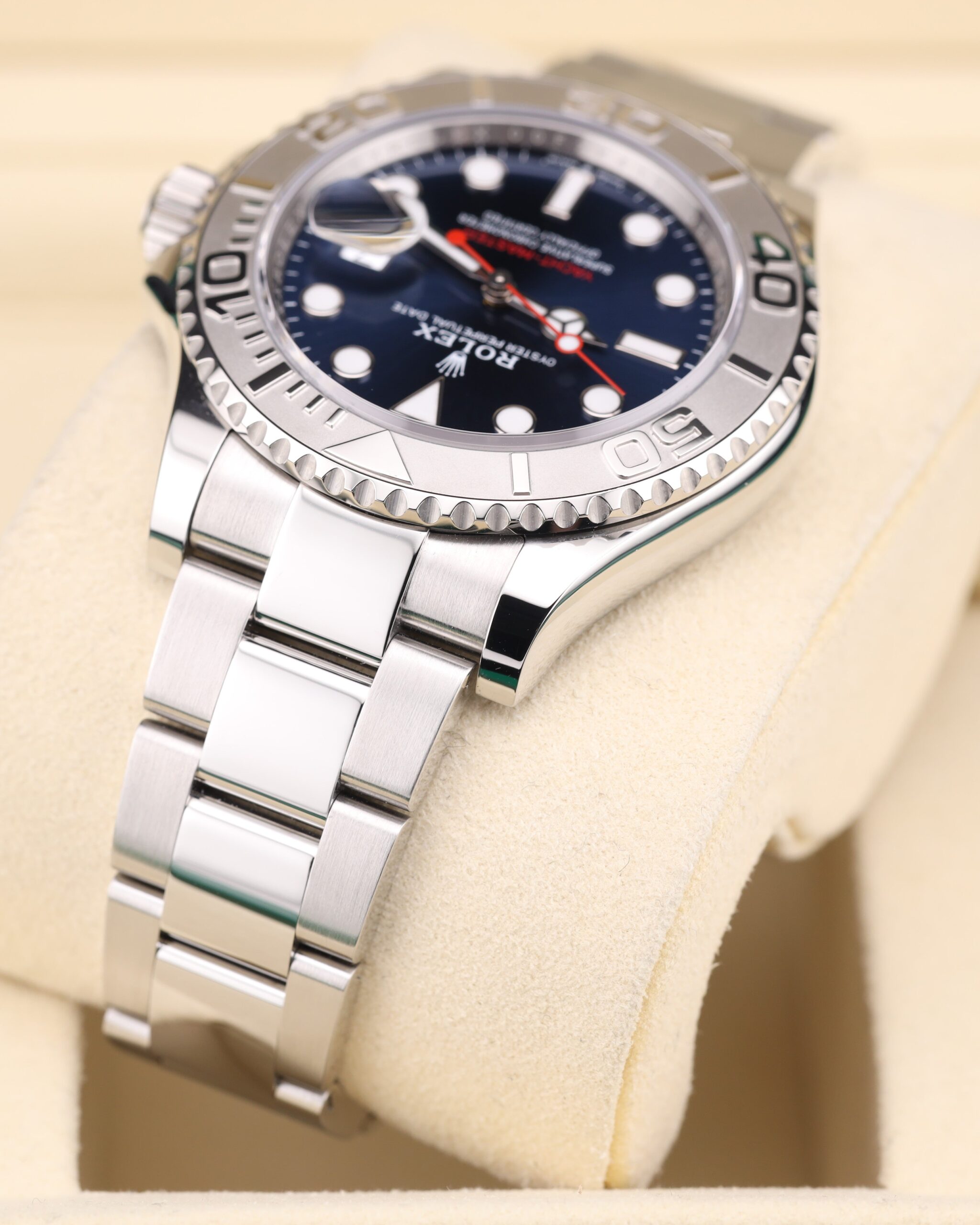Blue dial wristwatch with stainless steel bracelet