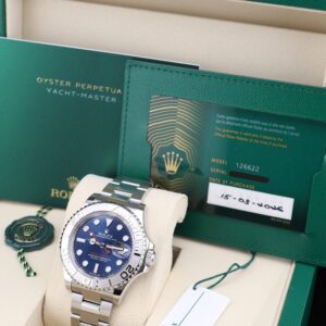 Luxury wristwatch on wrist with blue dial