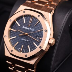Close-up of blue dial luxury wristwatch