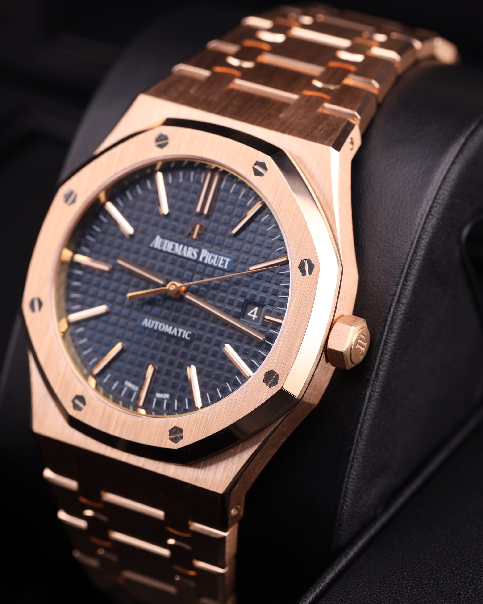 Close-up of blue dial luxury wristwatch