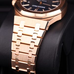 Blue dial watch with rose gold bezel and bracelet