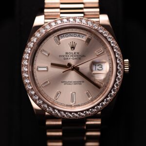 Side profile of pink bezel diamond watch
