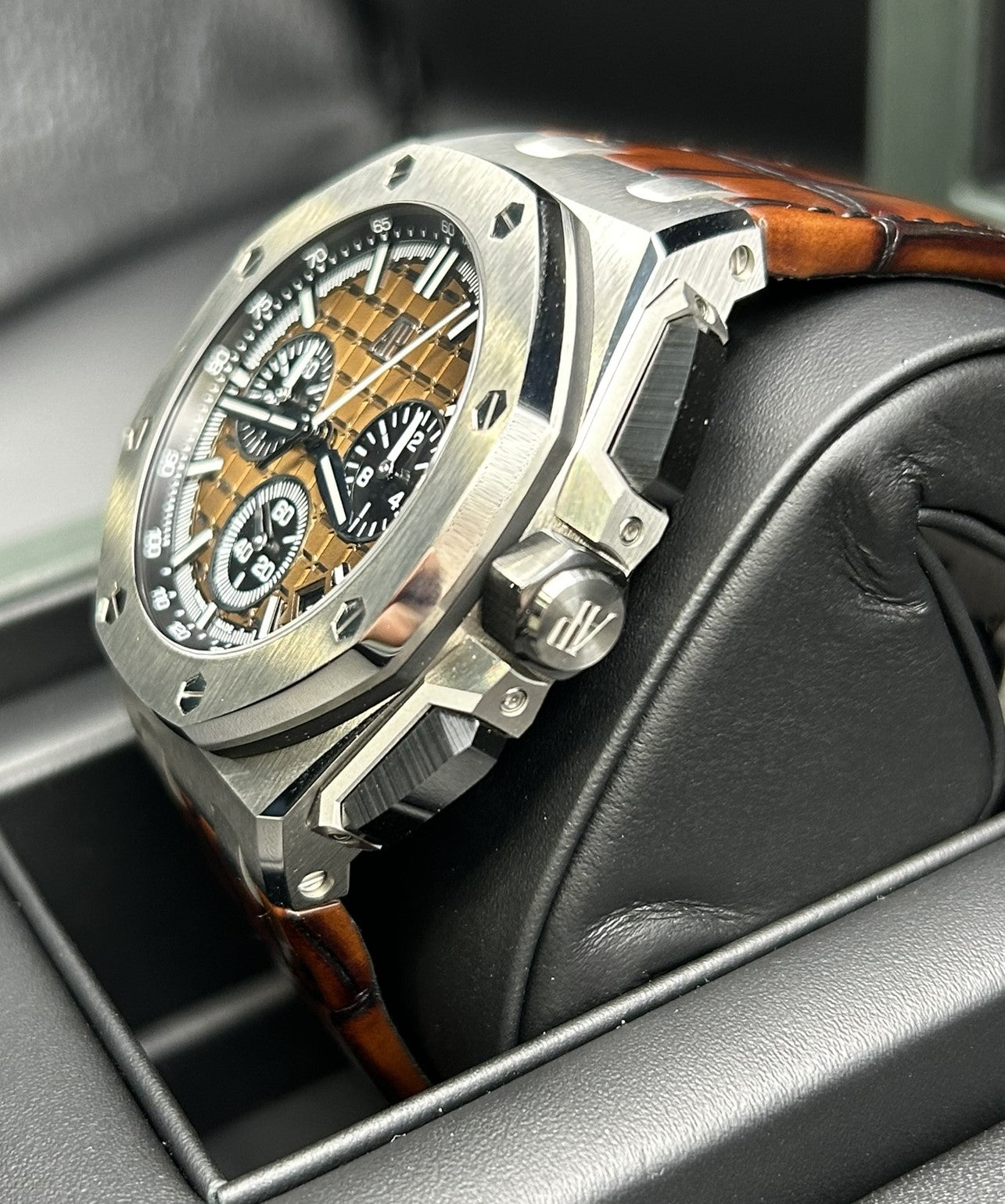 Side profile of neo-vintage luxury chronograph watch