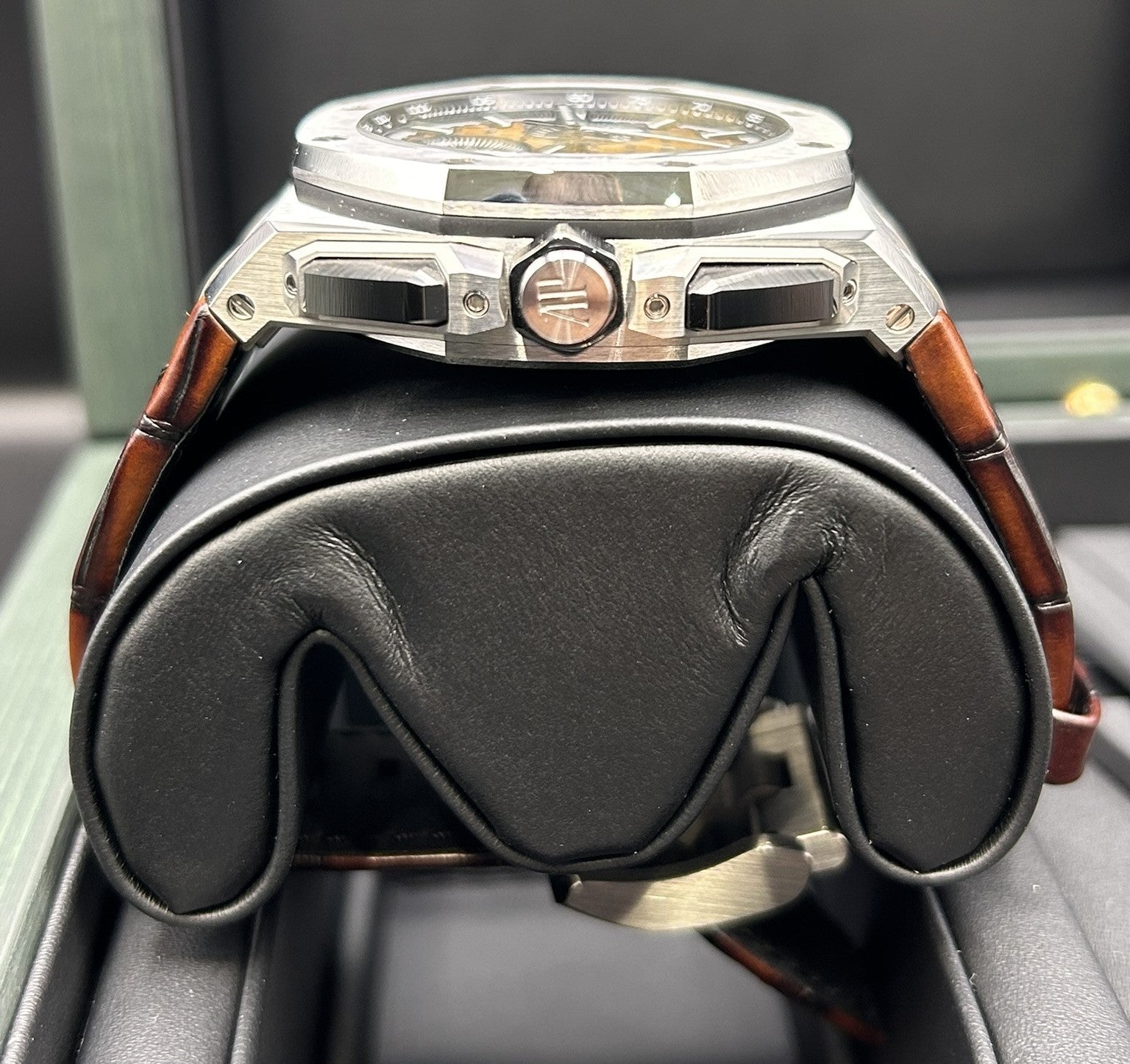 Close-up of vintage chronograph watch dial