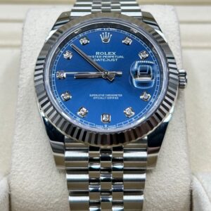 Blue dial wristwatch with diamond indices and jubilee bracelet