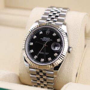 Black dial wristwatch featuring diamond accents