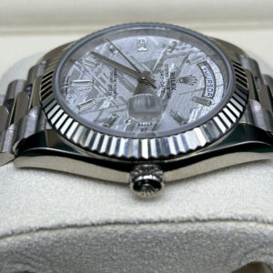 Close-up of meteorite dial with baguette indices