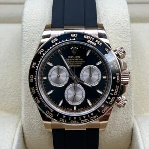 Black dial rose gold chronograph watch close-up
