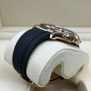 Rose gold watch with black dial and strap