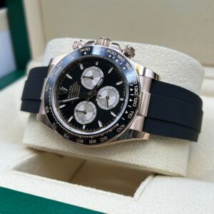 Side profile of rose gold chronograph watch