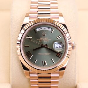Luxury rose gold watch with olive green dial