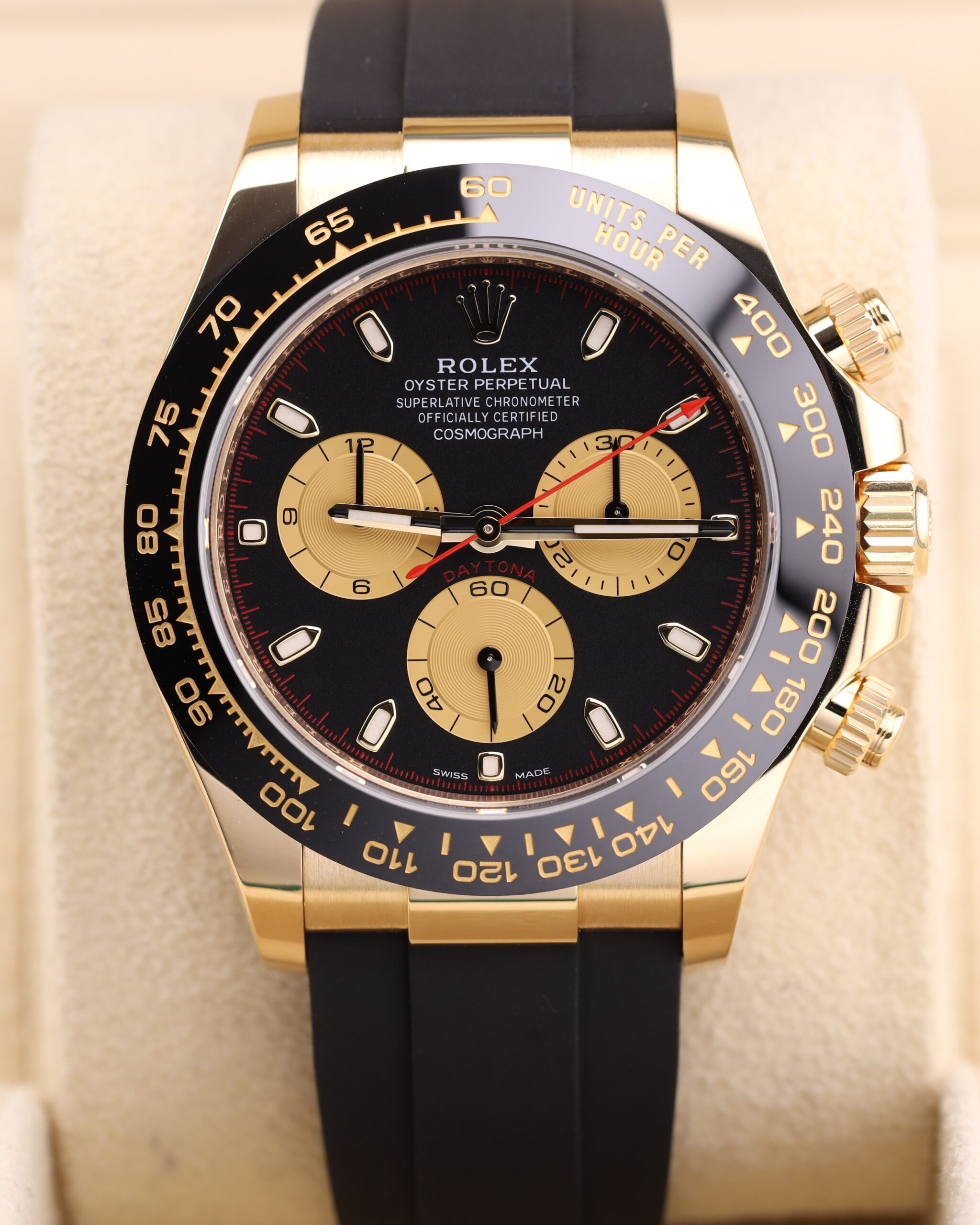 Yellow gold chronograph watch with black dial